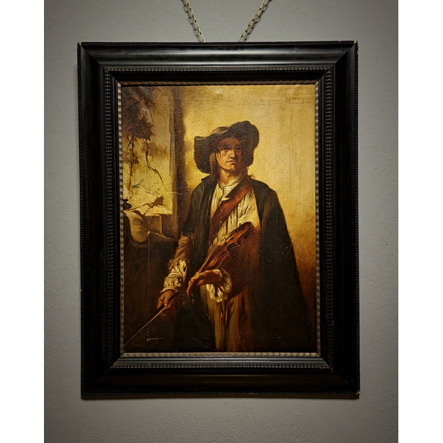 Large Antique Violin Player Oil Painting, Old Master Style Musician Artwork, Dark Academia Wall Art, Baroque Portrait, Framed Gothic Decor