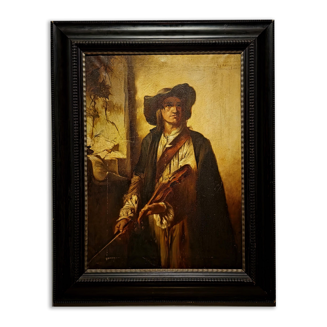 Large Antique Violin Player Oil Painting, Old Master Style Musician Artwork, Dark Academia Wall Art, Baroque Portrait, Framed Gothic Decor