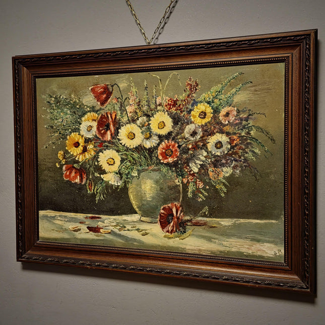 Large Wildflower Still Life Oil Painting, Vintage Meadow Bouquet Artwork, Cottagecore Wall Art, Rustic Floral Decor, Framed Garden Art