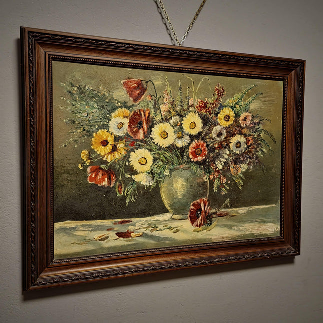 Large Wildflower Still Life Oil Painting, Vintage Meadow Bouquet Artwork, Cottagecore Wall Art, Rustic Floral Decor, Framed Garden Art
