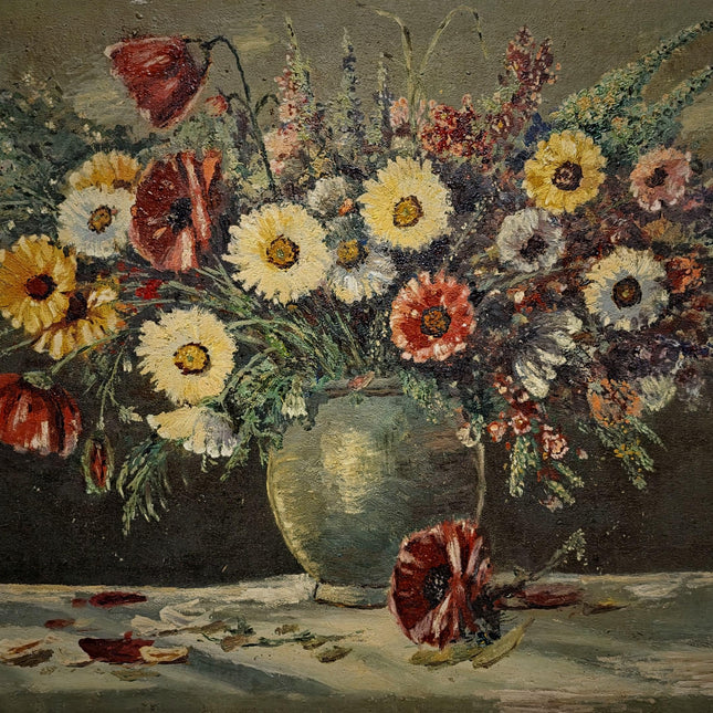 Large Wildflower Still Life Oil Painting, Vintage Meadow Bouquet Artwork, Cottagecore Wall Art, Rustic Floral Decor, Framed Garden Art