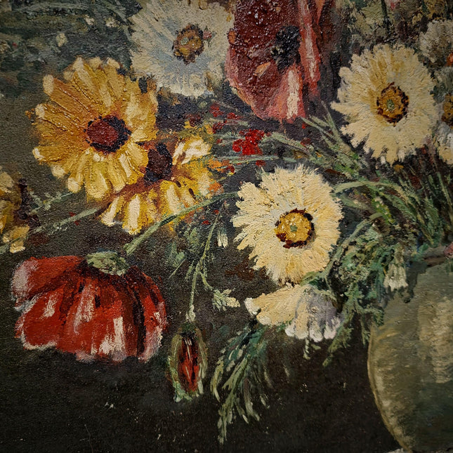 Large Wildflower Still Life Oil Painting, Vintage Meadow Bouquet Artwork, Cottagecore Wall Art, Rustic Floral Decor, Framed Garden Art