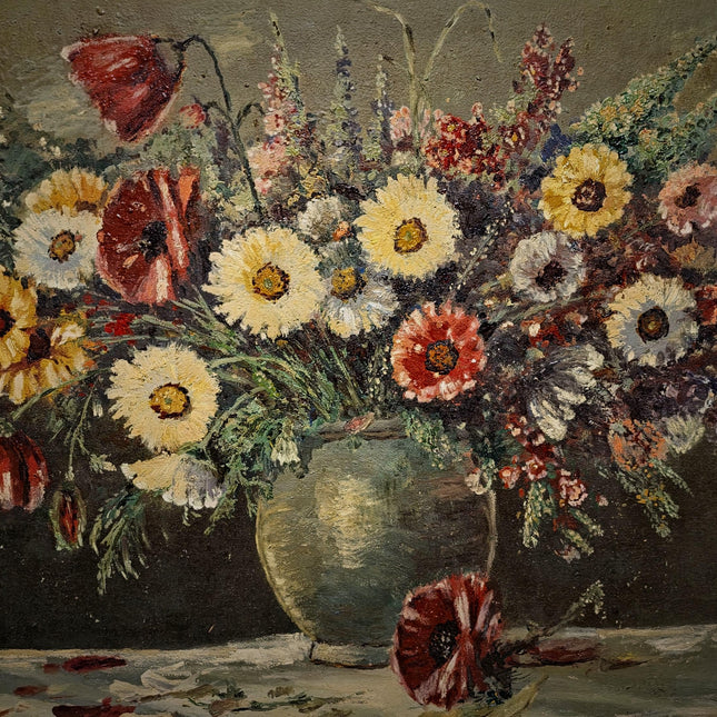 Large Wildflower Still Life Oil Painting, Vintage Meadow Bouquet Artwork, Cottagecore Wall Art, Rustic Floral Decor, Framed Garden Art