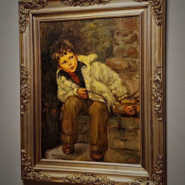 Large Vintage Emotional Child Portrait Oil Painting, Italian Genre Artwork, Framed Old World Decor, Dark Academia Wall Art
