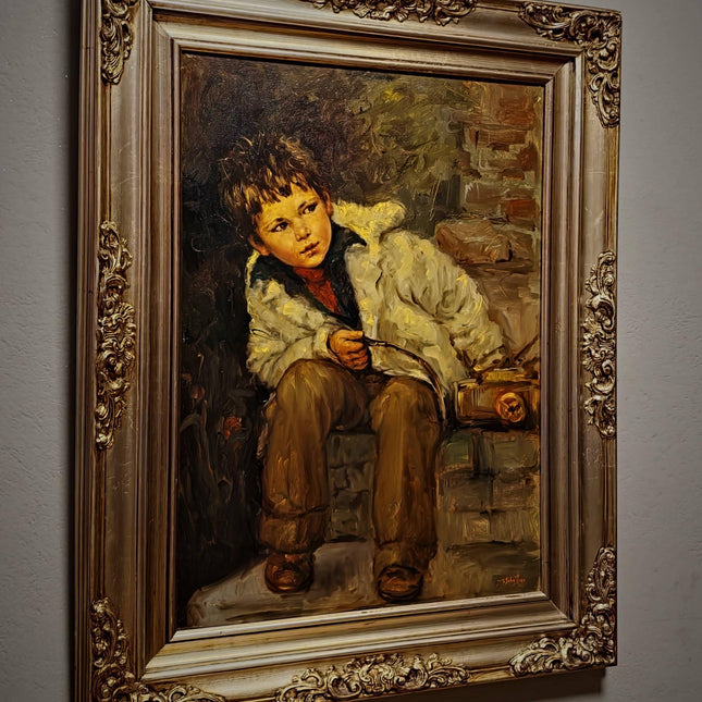 Large Vintage Emotional Child Portrait Oil Painting, Italian Genre Artwork, Framed Old World Decor, Dark Academia Wall Art