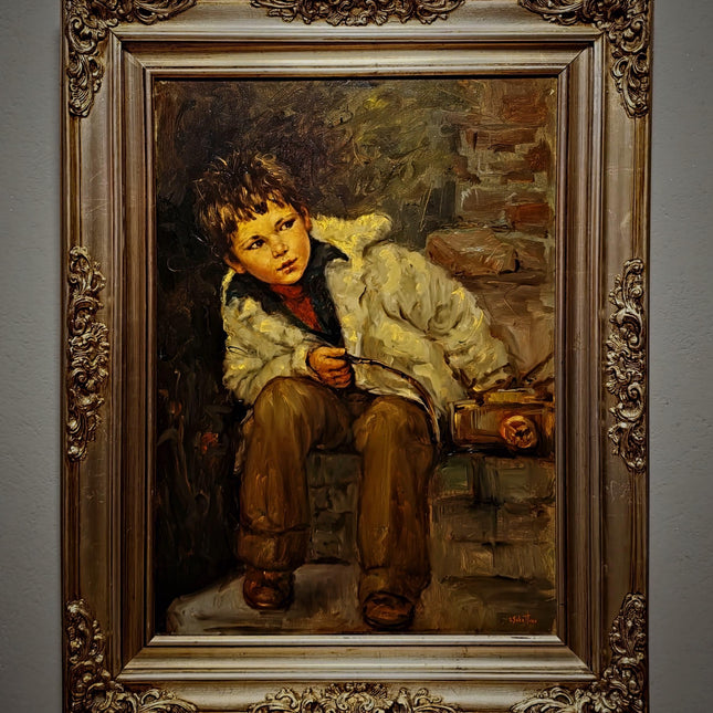 Large Vintage Emotional Child Portrait Oil Painting, Italian Genre Artwork, Framed Old World Decor, Dark Academia Wall Art
