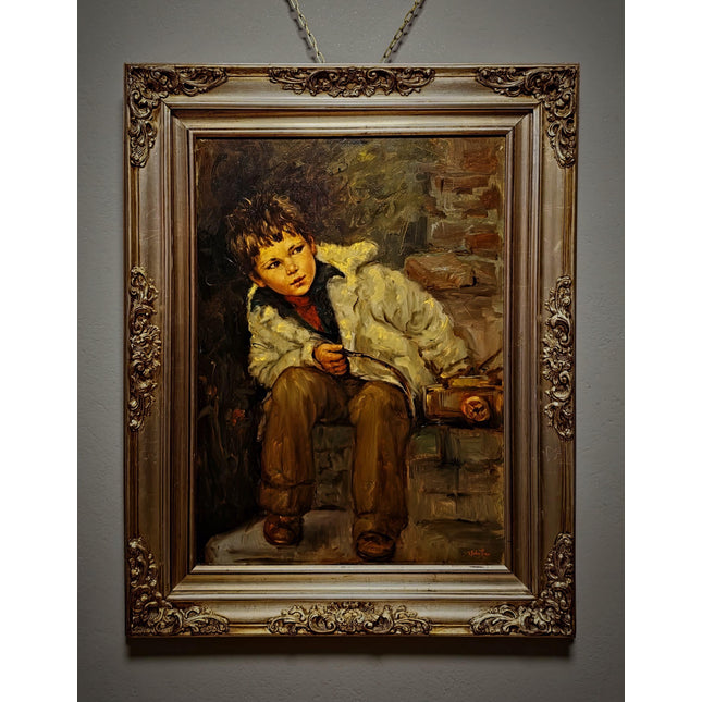 Large Vintage Emotional Child Portrait Oil Painting, Italian Genre Artwork, Framed Old World Decor, Dark Academia Wall Art
