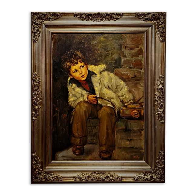 Large Vintage Emotional Child Portrait Oil Painting, Italian Genre Artwork, Framed Old World Decor, Dark Academia Wall Art