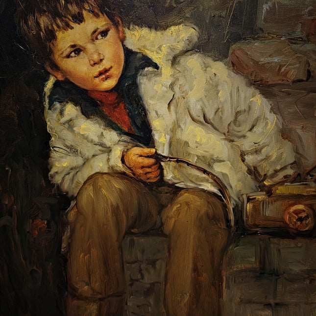 Large Vintage Emotional Child Portrait Oil Painting, Italian Genre Artwork, Framed Old World Decor, Dark Academia Wall Art