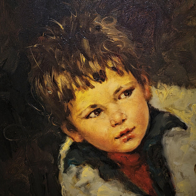 Large Vintage Emotional Child Portrait Oil Painting, Italian Genre Artwork, Framed Old World Decor, Dark Academia Wall Art