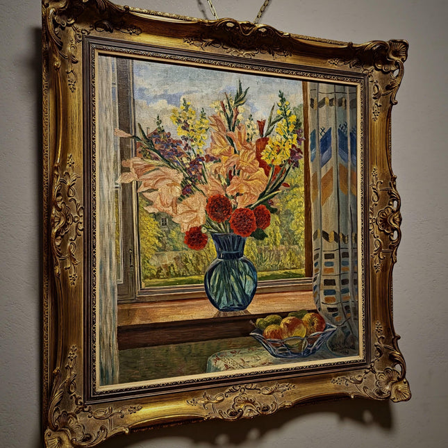 Large Vintage Window Still Life Oil Painting, Floral Interior Scene, Signed German Artwork, Old World Cottage Decor Framed European Wall Art