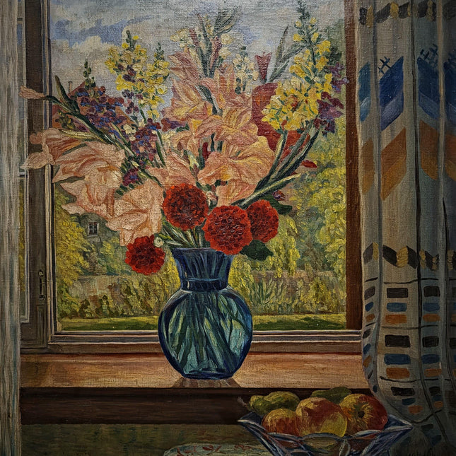 Large Vintage Window Still Life Oil Painting, Floral Interior Scene, Signed German Artwork, Old World Cottage Decor Framed European Wall Art