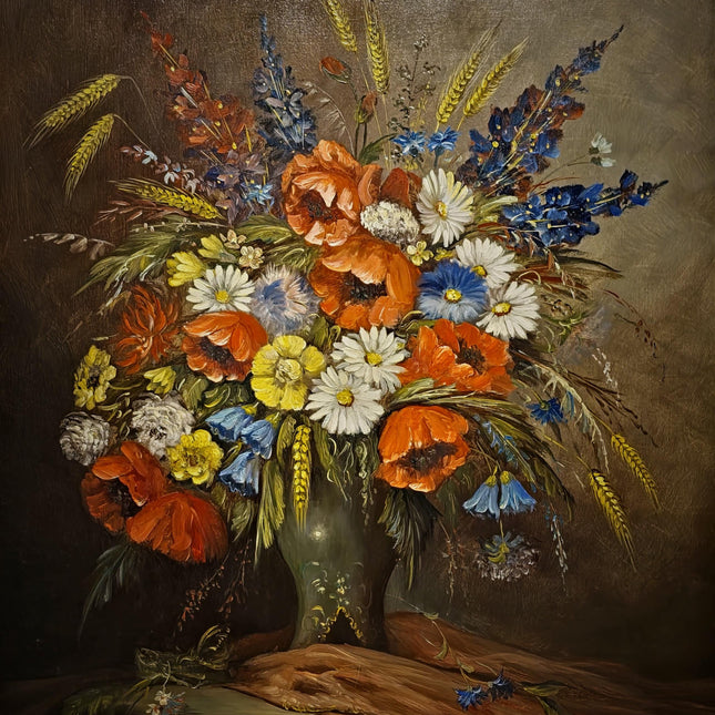 Large Vintage Wildflower Still Life Oil Painting, Signed Poppy Bouquet Artwork, Rustic Floral Decor, Framed Cottagecore Wall Art