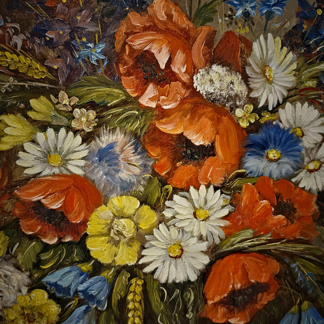 Large Vintage Wildflower Still Life Oil Painting, Signed Poppy Bouquet Artwork, Rustic Floral Decor, Framed Cottagecore Wall Art