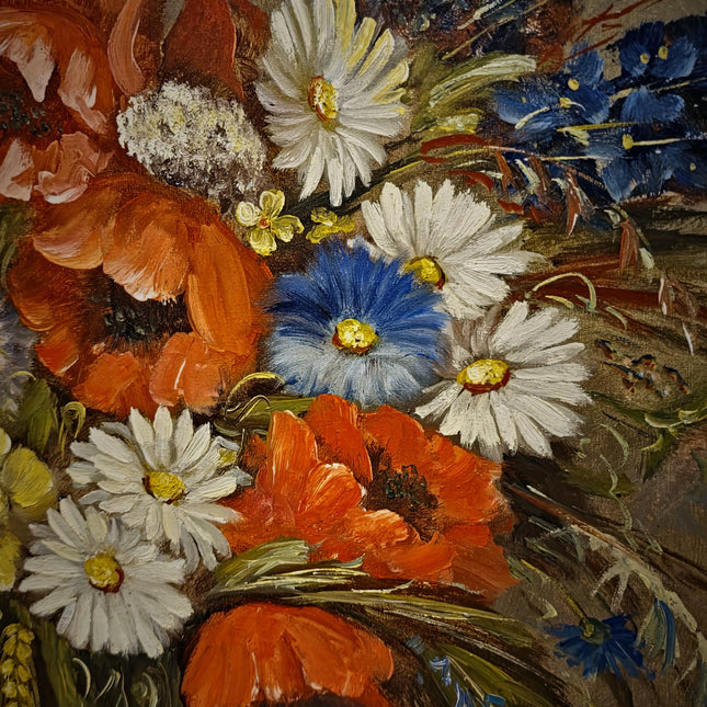 Large Vintage Wildflower Still Life Oil Painting, Signed Poppy Bouquet Artwork, Rustic Floral Decor, Framed Cottagecore Wall Art