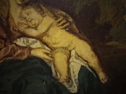 Large Antique Madonna and Child Oil Painting, Old Master Style Religious Art, Holy Family Artwork, Flemish Baroque Dark Academia Decor