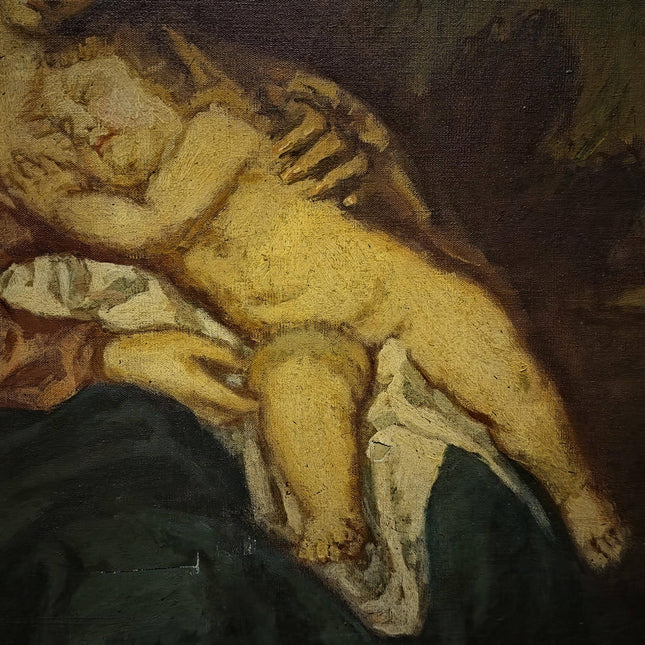 Large Antique Madonna and Child Oil Painting, Old Master Style Religious Art, Holy Family Artwork, Flemish Baroque Dark Academia Decor